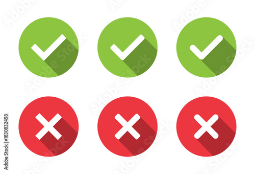 Check and cross mark icon set with long shadow. Tick and X symbol. Accept and reject sign