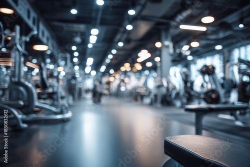 Wallpaper Mural Blurred gym interior with equipment, lights, and a bench in foreground. Ideal for fitness, health, or lifestyle content requiring a gym setting. Torontodigital.ca