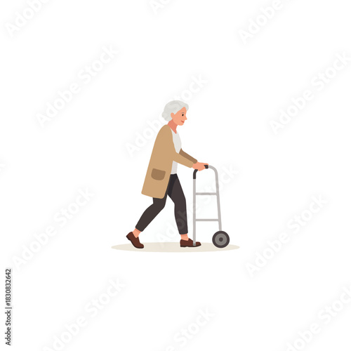 Elderly woman utilizing walking frame for mobility support showcasing determination and
