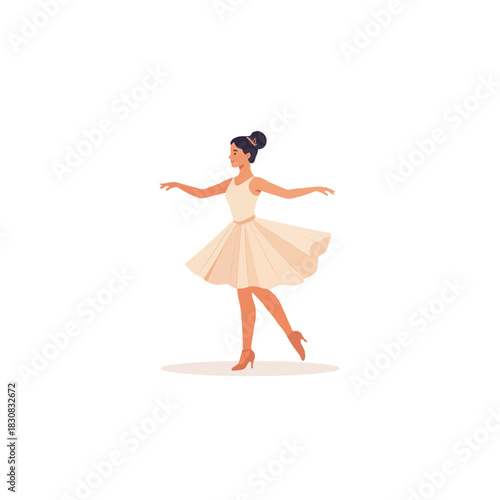 Elegant brunette ballerina gracefully balances with arms outstretched wearing a light dress