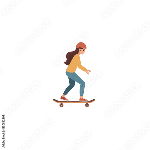 Energetic young female skater gliding on skateboard with helmet in casual clothes outdoors for