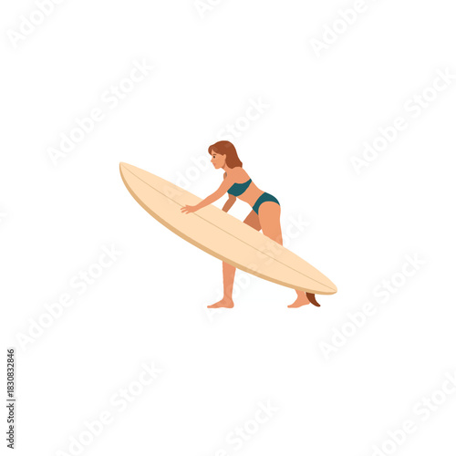 Female surfer carrying surfboard on tropical beach, epitomizing healthy lifestyle under sun and
