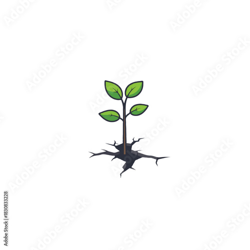 Resilient sprout breaking through cracked earth symbolizing hope and new beginnings against
