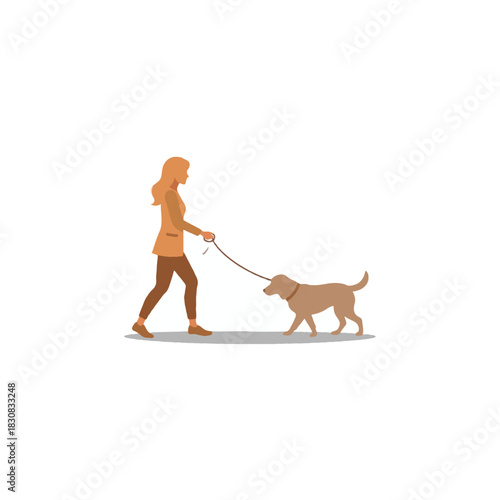 Silhouette of a woman strolling with her loyal canine companion on a bright day in simple vector