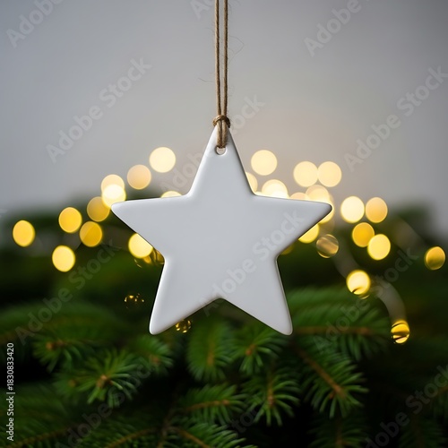 White ceramic star ornament hanging against blurred holiday lights and pine