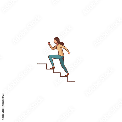 The determined woman ascends the staircase embracing challenges with energy symbolizing progress
