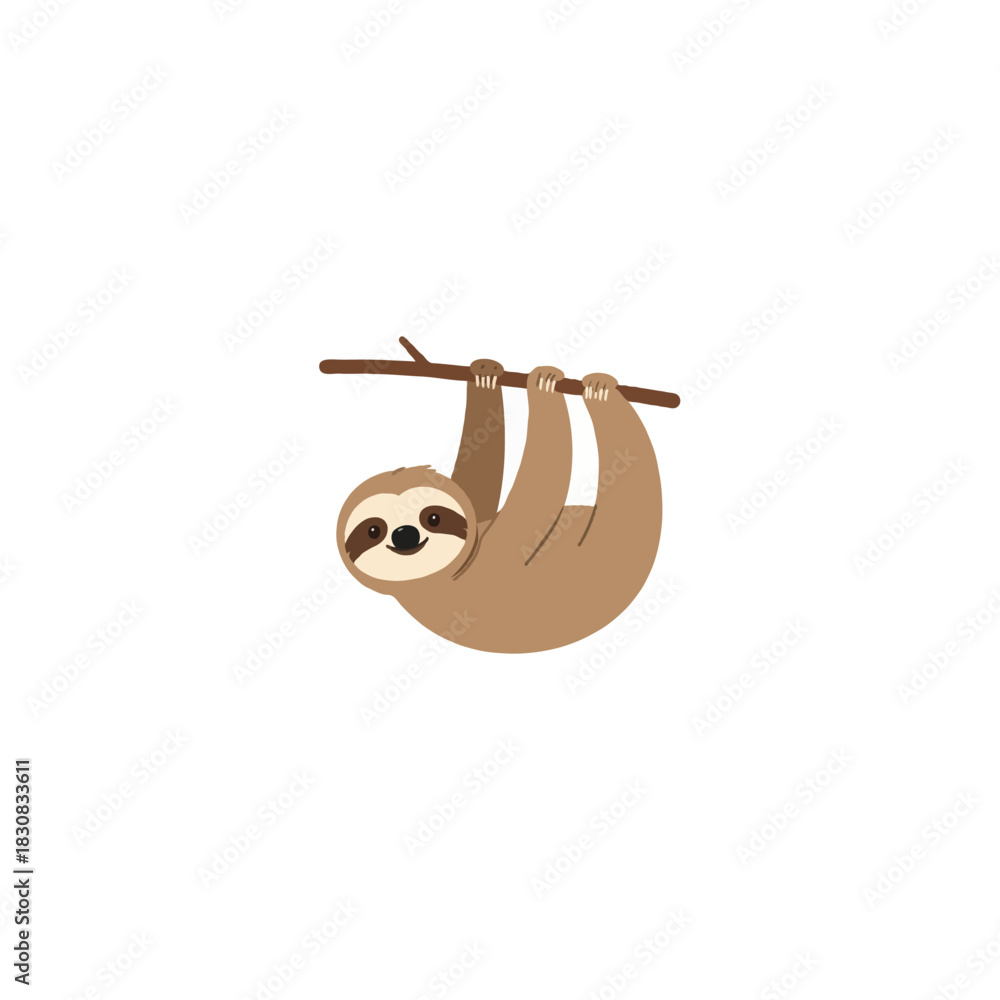 Fototapeta premium Whimsical sloth clinging to a branch in a minimalist style showcasing its adorable expression and