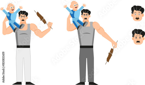 Flat vector illustration of father holding toddler in one arm and barbecue skewer in the other, festive design for International Father’s Day.