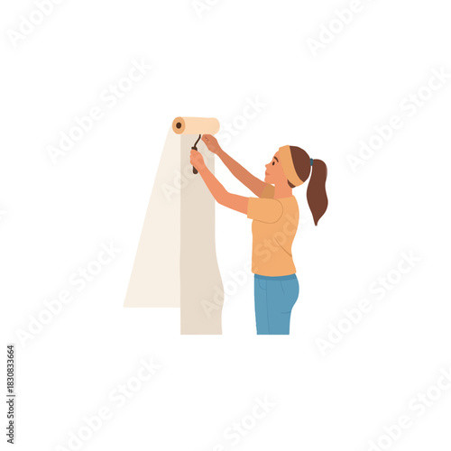 Woman renovating room applying fresh wallpaper transforming the interior space with careful