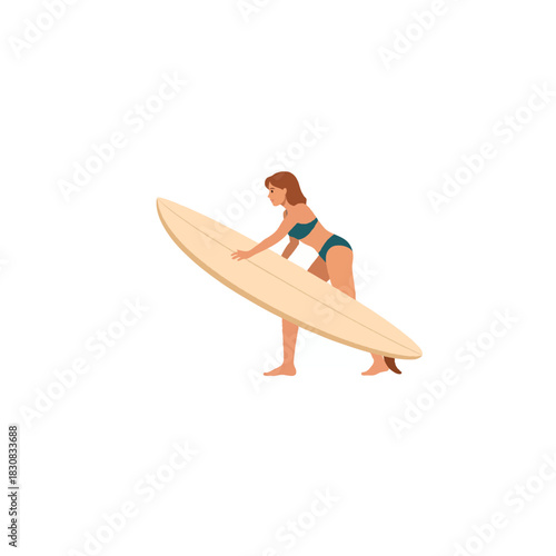 Woman standing near the water with her surfboard prepared to enjoy the waves at the beach