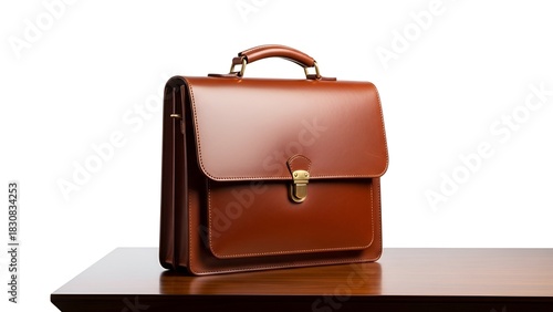 A brown leather briefcase stands on a polished wooden surface against a white backdrop