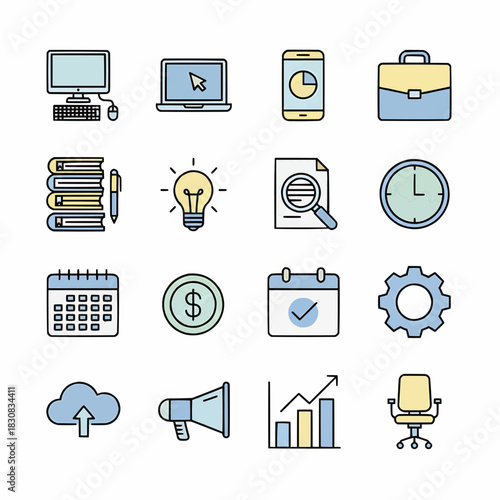 Business Office Technology and Finance Line Icons Set Modern Style