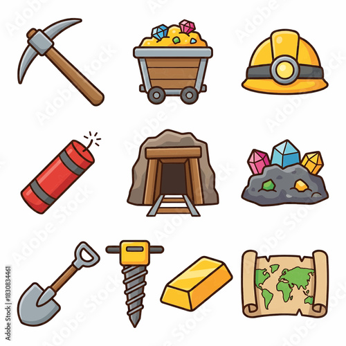 Mining and Treasure Hunt Cartoon Icons Set Gold Gems Tools Map