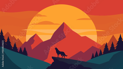 Sunset Landscape with Wolf Silhouette on Clif