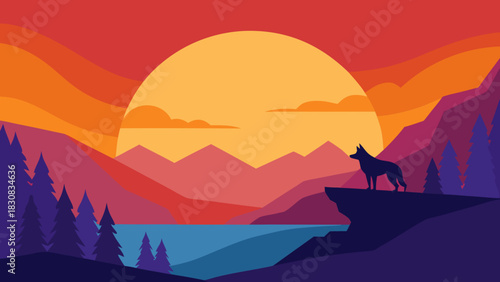 Sunset Landscape with Wolf Silhouette on Clif