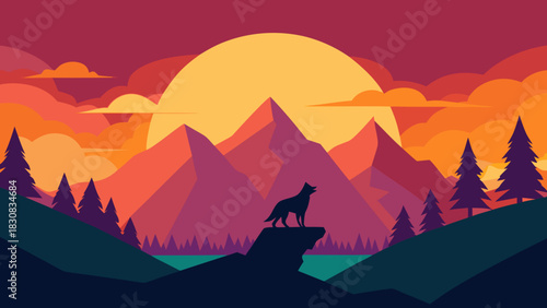 Sunset Landscape with Wolf Silhouette on Clif