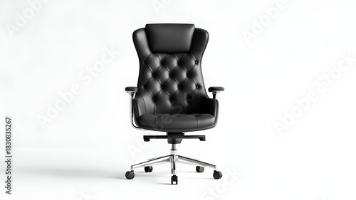 Front view of a sleek, black leather office chair with a tufted back