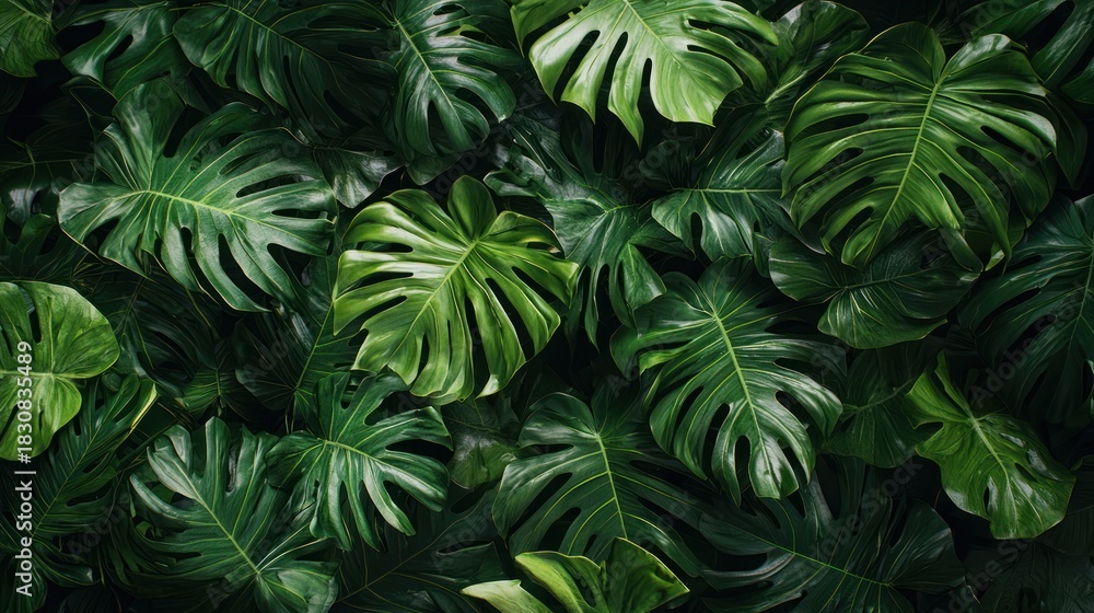 Fototapeta premium Lush green tropical monstera leaves background. (3)