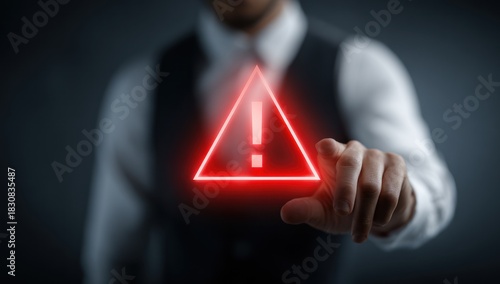 Businessman points at glowing red warning sign on dark background.
