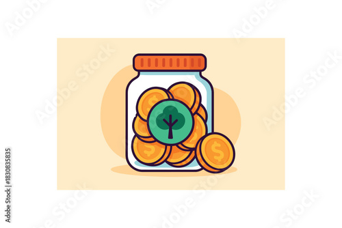 Flat vector illustration of bright reforestation funding jar with bold coins and tree icon rounded shapes clean flat style