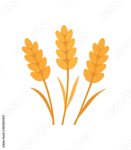 Flat vector illustration of three wheat stalks with simple grains curved stems rounded shapes minimal detail