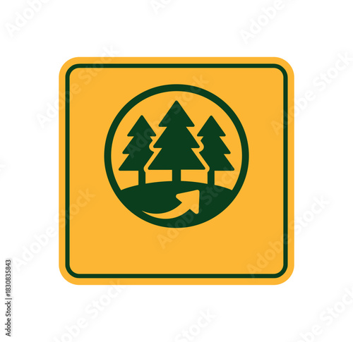 Flat vector illustration of bright reforestation signboard with bold eco icon rounded corners minimal details