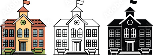 School building silhouette & Outline and illustration set isolated on transparent background