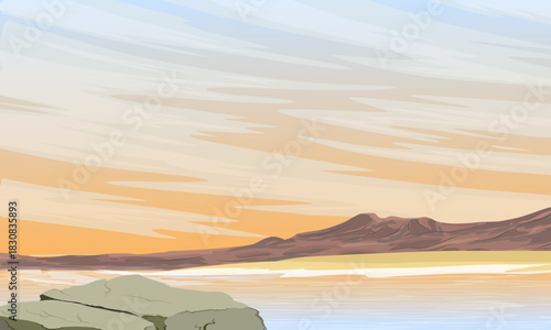Sunset over the strait. Sandy coastline with mountains. Realistic vector landscape.
