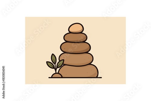 Flat vector illustration of rock formation stack with small plant at base rounded shapes clean outline