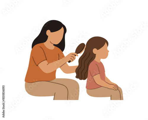 Flat vector illustration of parent brushing child hair rounded silhouettes clean outline