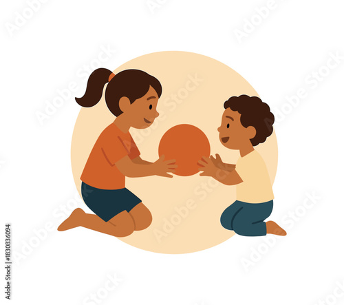 Flat vector illustration of siblings playing with ball rounded silhouettes clean vector style