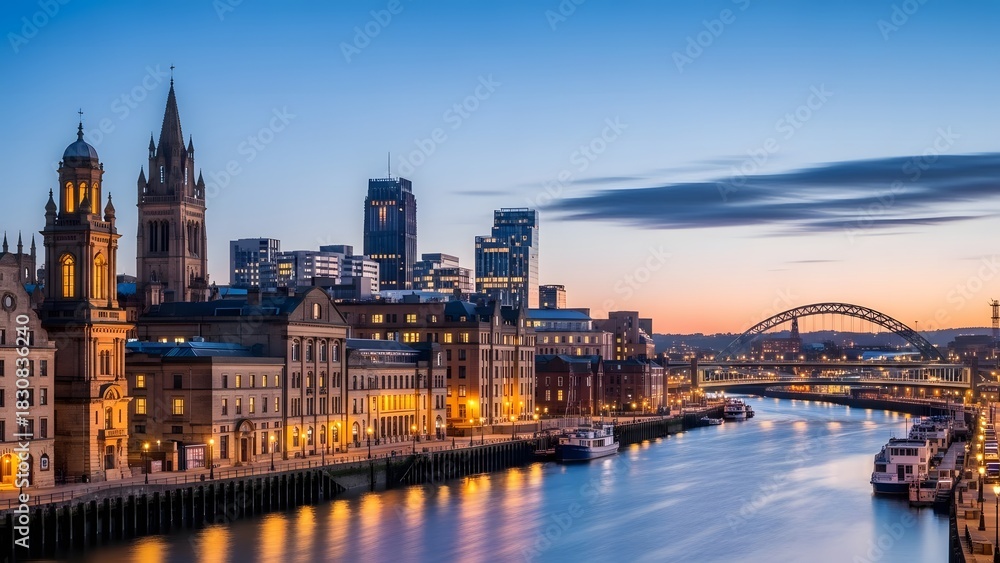 Obraz premium Dusk cityscape with historic buildings modern towers boats river reflections and arched bridges