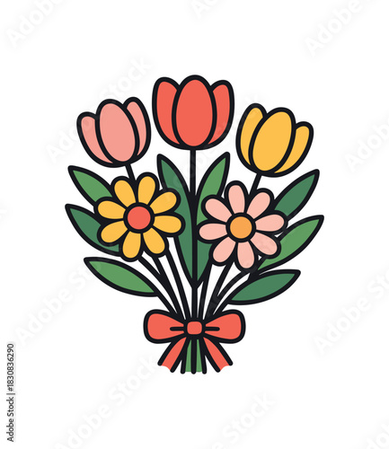 Flat vector illustration of spring flower bouquet for holiday celebrations rounded petals clean outline