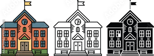 School building silhouette & Outline and illustration set isolated on transparent background