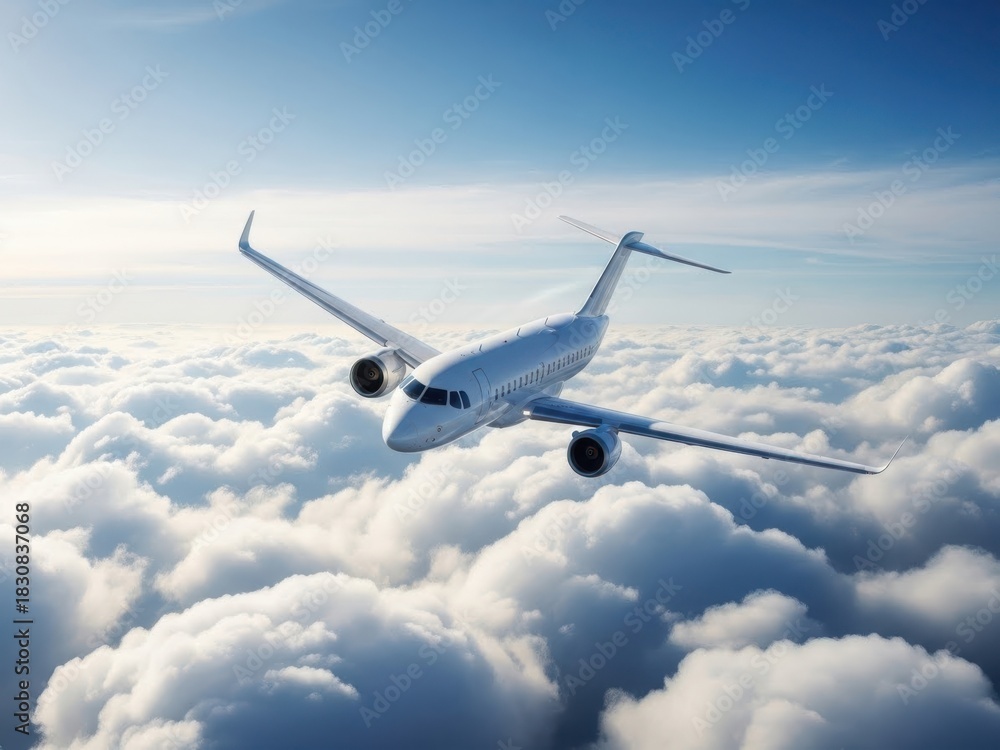 Obraz premium Private jet flying high above the clouds on a bright sunny day