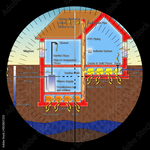 Searching radon gas in our homes - concept illustration with viewfinder on foreground