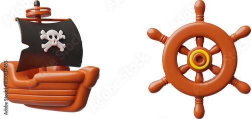 Pirate ship with skull with bones on the black sail and ship steering wheel 3D vector set, cartoon wood helm and vessel