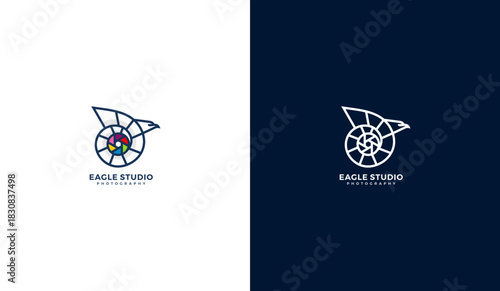 Photography camera lens logo, camera lens icon with eagle, vector illustration template design