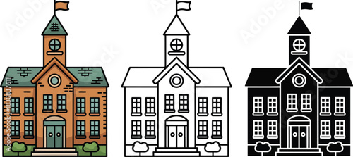 School building silhouette & Outline and illustration set isolated on transparent background