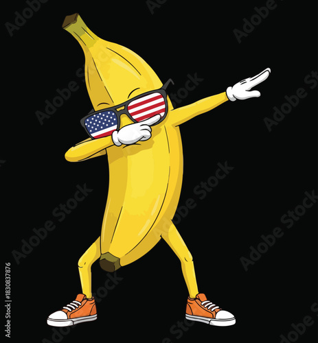 Funny Dabbing Banana Wearing American Flag Sunglasses Vector Illustration For Patriotic USA T-shirt Design And Fourth Of July Apparel.