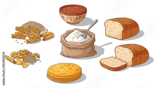 Baking ingredients and pasta assortment perfect for cooking blog layouts