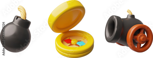 3D set of a pirate, a cannon on wheels, a bomb with a fuse, and a compass.