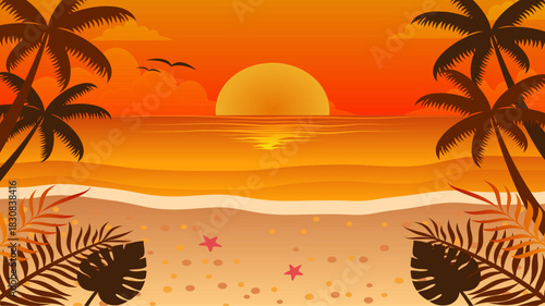 Vibrant orange sunset over a tranquil tropical ocean, viewed from a sandy beach framed by silhouetted palm trees and exotic leaves