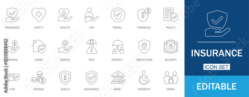Insurance Line Icon set. Features icons of assurance, help, human, injury, and, property. Perfect for insurance websites, banking, and financial reports.