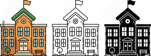 School building silhouette & Outline and illustration set isolated on transparent background