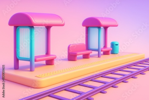 Colorful stylized train station platform with benches and shelters in pastel tones on a gradient background in a playful creative style. Ai generative
