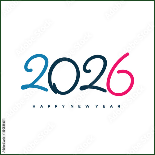 Creative Happy New Year 2026 text logo design. Modern handwritten calligraphy script in blue and pink for a holiday greeting card or banner