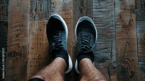 A pair of athletic sneakers with laces tied and soles facing upwards.