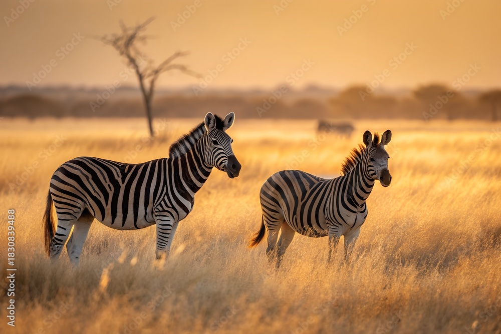 Naklejka premium Zebras in Golden Light A Serene African Safari Scene at Sunset with Silhouetted Elegance