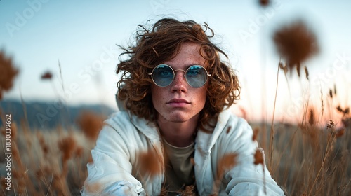 A young man with curly hair and round sunglasses gazes thoughtfully in a field, surrounded by tall grass, capturing a moment of serenity and youthfulness in nature.
